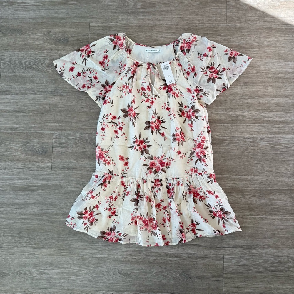 NWT Abercrombie & Fitch Floral Tie-Neck Mini Dress in Cream Pink Floral, Size XS